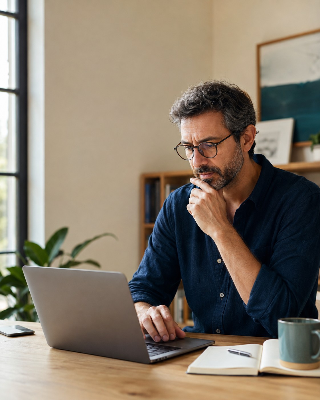 A person pausing to review information on a laptop